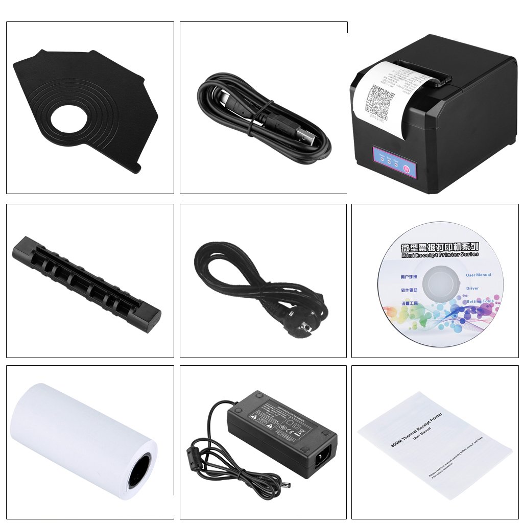 EXCELVAN - Stampante termica per ricevute 300 mm/s 80 mm, taglio automatico USB COM, Internet (100M), Ethernet, porta seriale Android e iOS, Windows e Linux, supporto nero