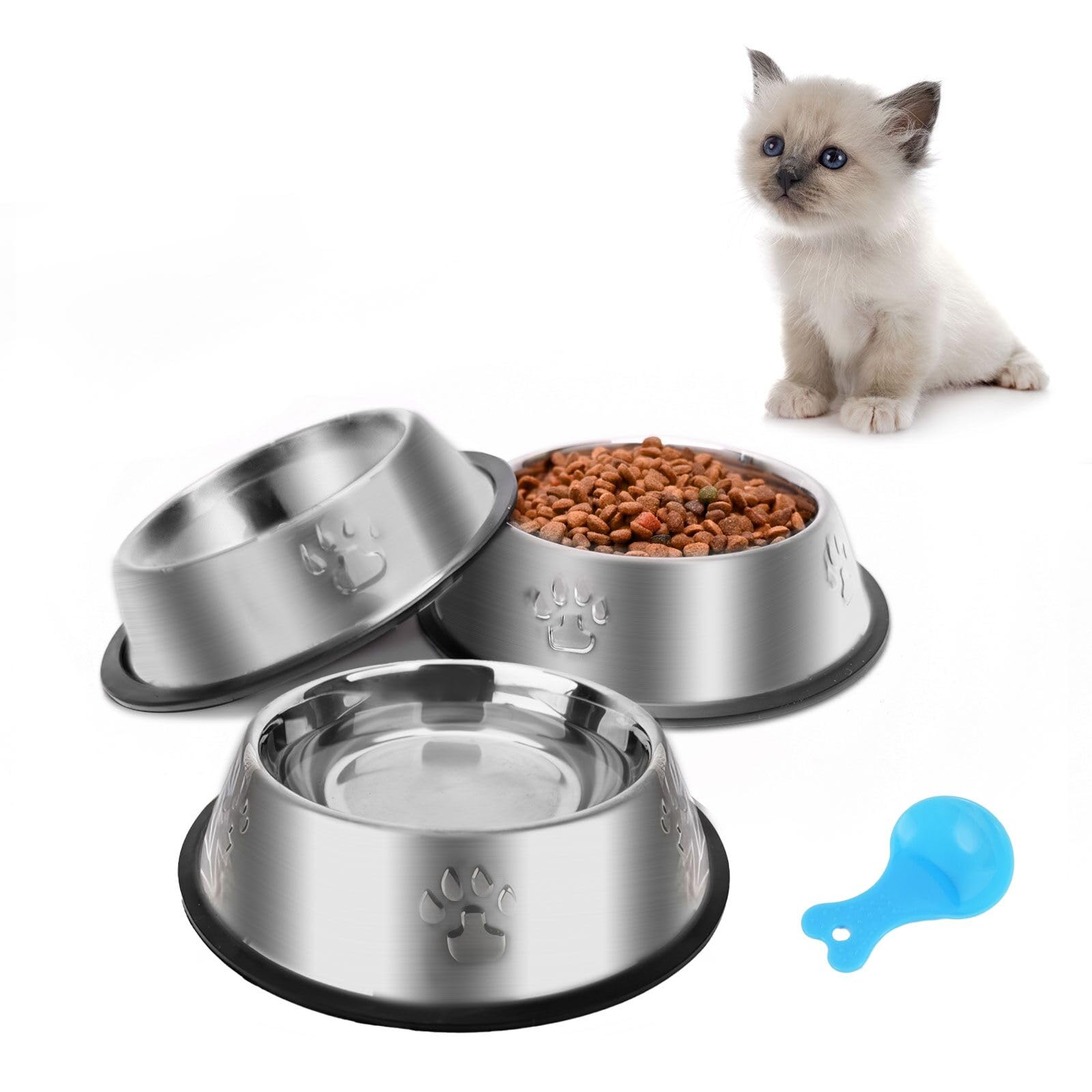 Stainless Steel Cat Bowls, 3 Pack Metal Cat Food Bowls, Non-Slip Pet Feeding Bowl with Rubber Base for Kitten Small Medium Dog