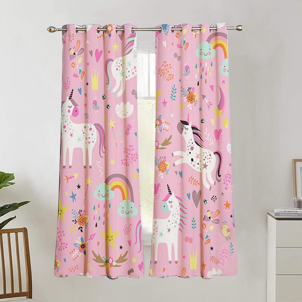 Rideaux Enfants Licorne Étoiles Rose Œillets 160×107 cm Chambre Fille