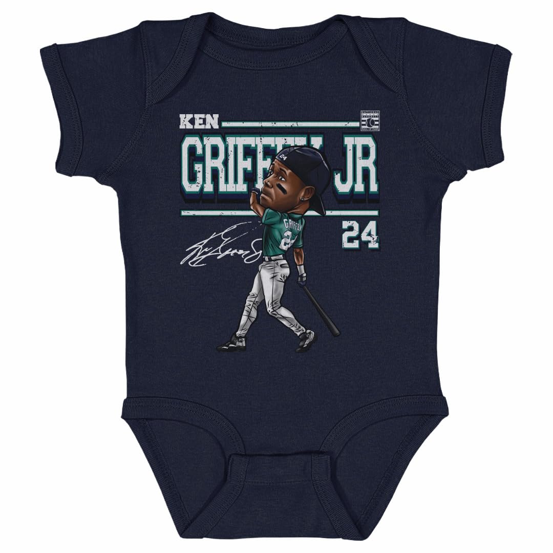 500 LEVEL Ken Griffey Jr. Baby Infant One Piece Bodysuit (6M, Navy) - Ken Griffey Jr. Seattle Derby Cartoon WHT