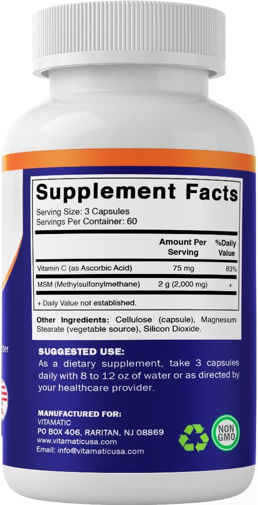 Vitamatic MSM 2000 mg with Vitamin C 75mg per Serving - 180 Veg Capsules - Vitamin C Aid in Better absopriton of MSM (Methylsulfonylmethane) - Non-GMO & Gluten Free - Image 8