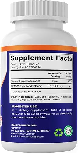 Miniatura 8 de Vitamatic MSM 2000 mg con vitamina C 75 mg por porción, 180 cápsulas vegetales, ayuda de vitamina C en un mejor absopritón de MSM