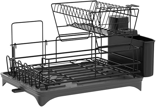 Miniatura 4 de Qienrrae - Escurridor grande para platos, de acero inoxidable, con 2 niveles y drenaje para la encimera de la cocina, tiene soporte para copas de