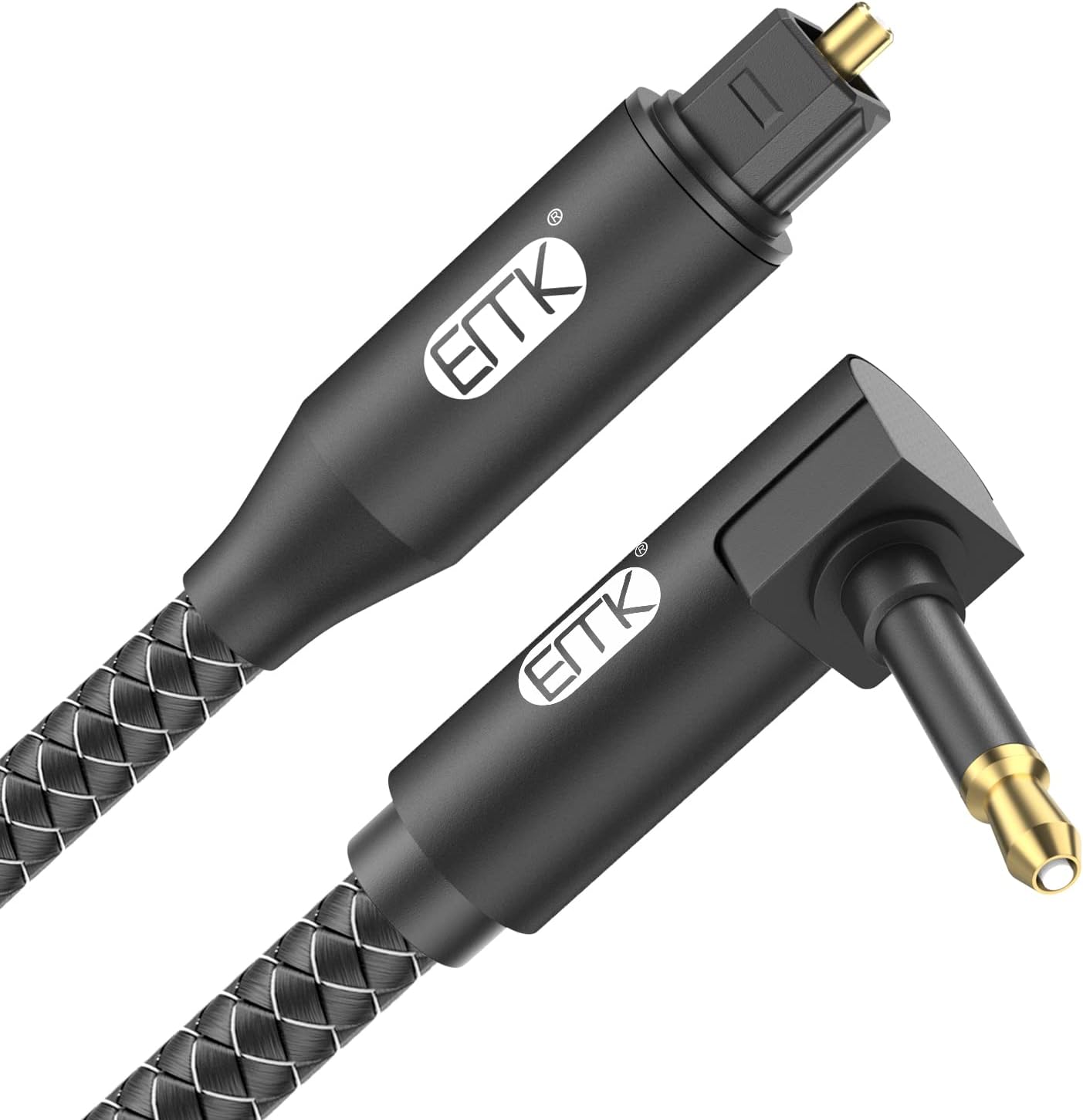 EMK Premium 90° Right-Angle Mini Toslink Cable (6Ft/2M) - 3.5mm Optical Digital Audio Cable for Sound Bars, TVs & Home Theater - SPDIF/Toslink Compatible, Black