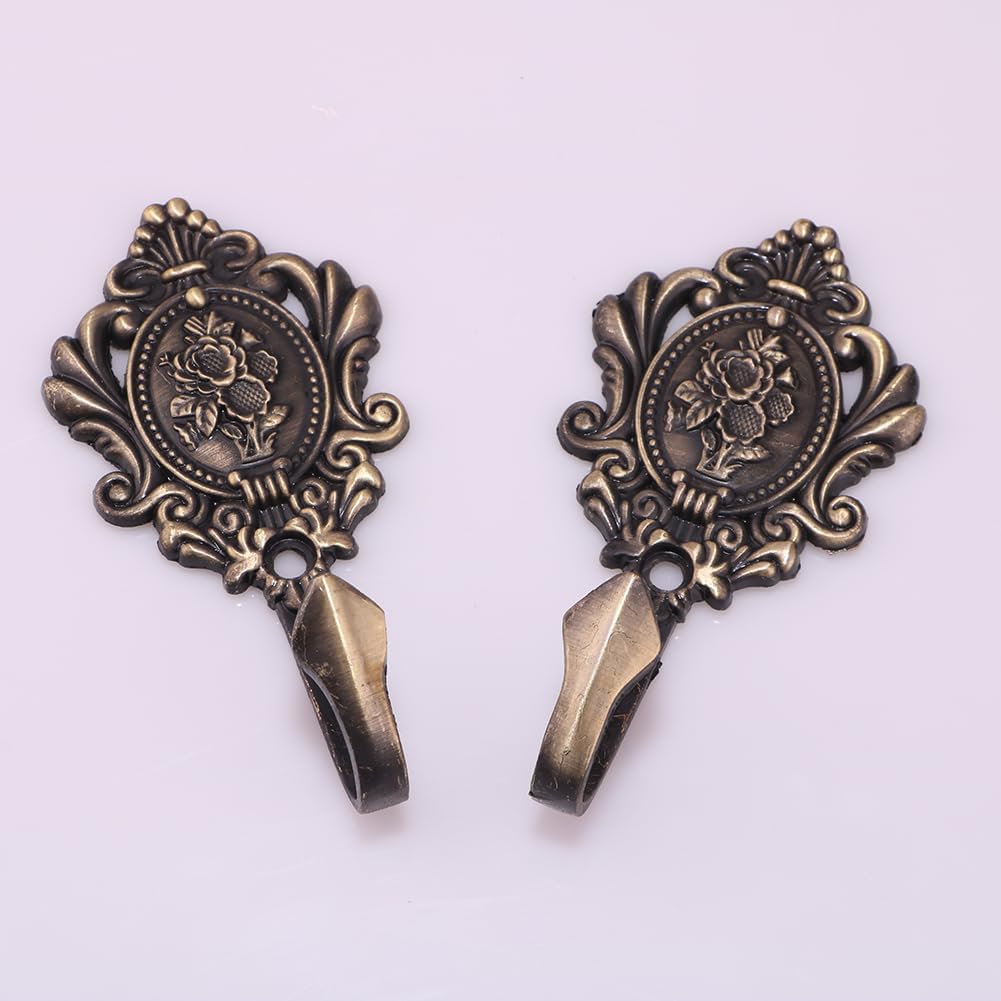 Vintage Rose Pattern Carved Wall Hooks (2Pcs) - Decorative Curtain Holdbacks & Multi-Purpose Hooks for Keys, Coats, Bathroom, Bedroom - Antique Style Wall Mount Hangers with Screws Included - Bronze