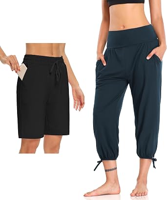 DIBAOLONG Womens Yoga Shorts Loose Comfy Drawstring Comfy Lounge Capris Joggers with Pockets