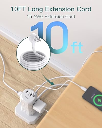 Miniatura 4 de Protector de sobretensiones de torre de regleta de alimentación cable de extensión de 10 pies con múltiples tomas 12 tomas de corriente 4 puertos