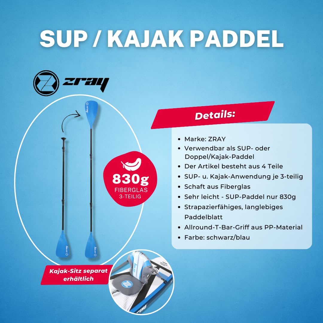Lukadora ZRAY - Remo multifunción para SUP y kayak, fibra de vidrio ligera, ajustable con mango ergonómico