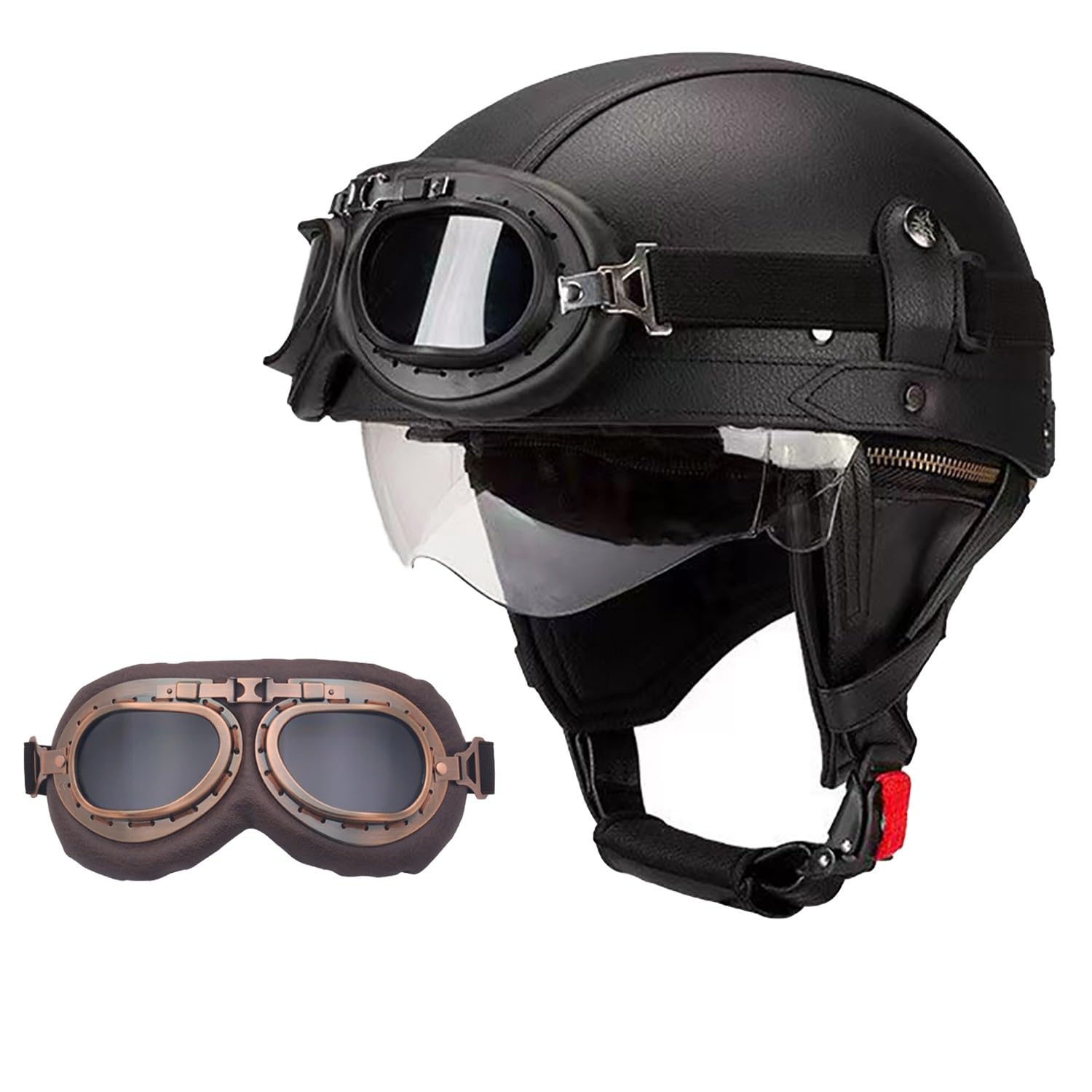 Retro Motorrad Halbhelme Leder Halbhelm, Halbschalenhelm Mit ECE, Deutscher Leder-Motorrad Halbhelm Mit Schutzbrille Visier, Für Moped Fahrrad Cruiser Scooter Chopper L,M (57-58CM)