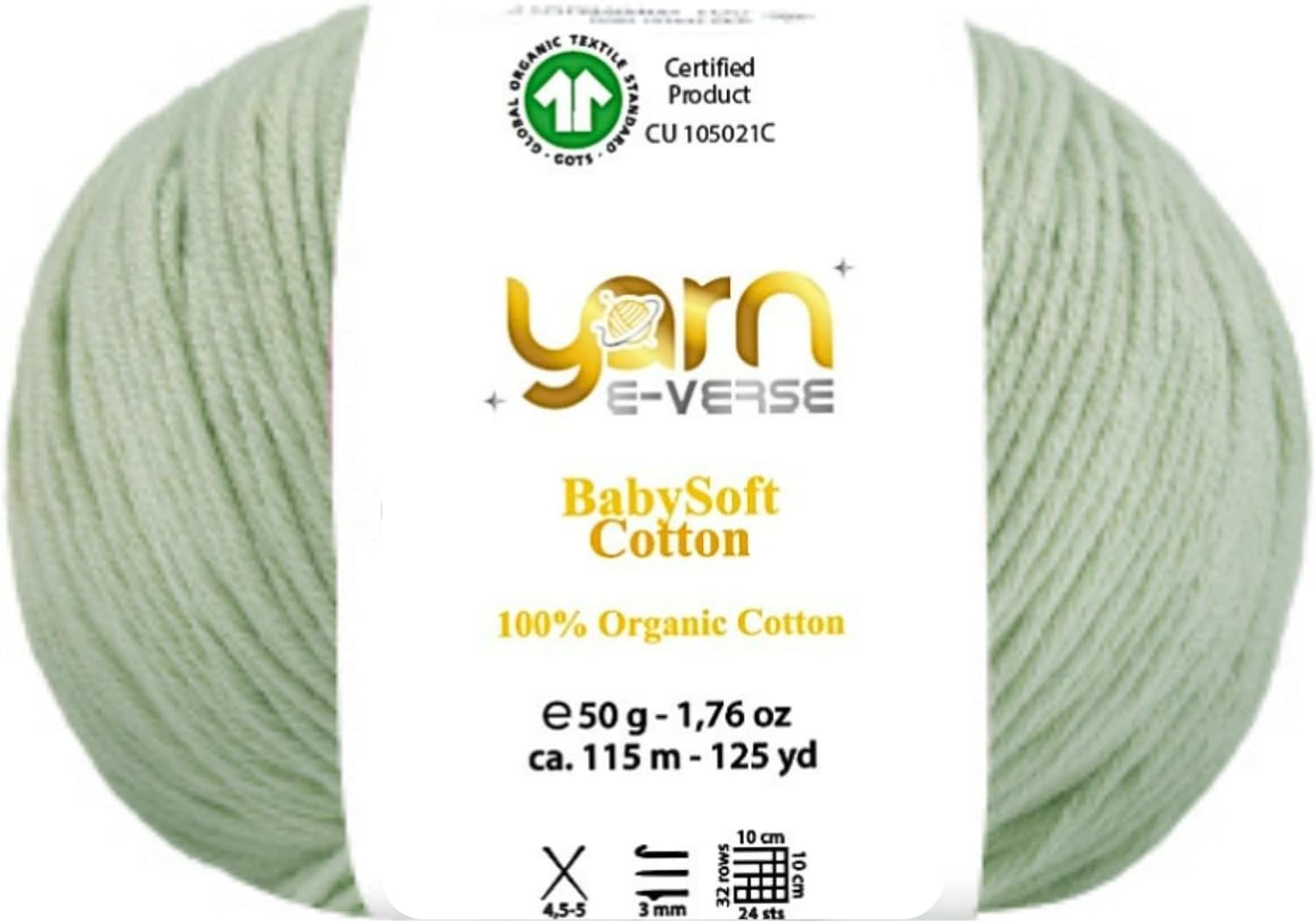 Babysoft Cotton Yarn, Yarn E-verse, 100% Organic Cotton, Soft & Hypoallergenic, Ideal for Baby Knitting, Crocheting, Amigurumi & DIY Projects, Organic Textile Certified, 50g (1, 148 Pastel Green)
