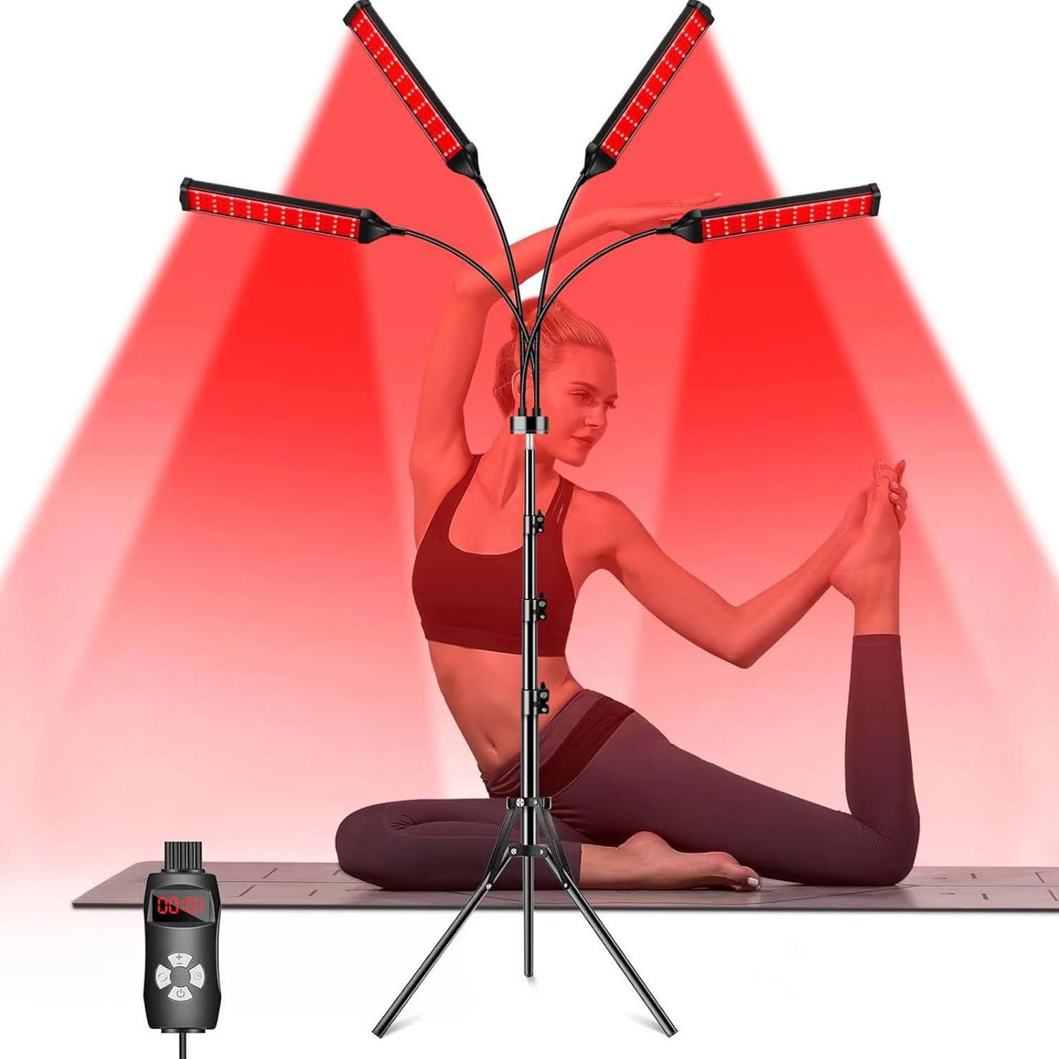 4-głowicowa lampa do terapii światłem czerwonym,z timerem,660 nm 850 nm,światło bliskiej podczerwieni do łagodzenia bólu ciała, pielęgnacja skóry,ze stojakiem,okulary ochronne do oczu,pilot