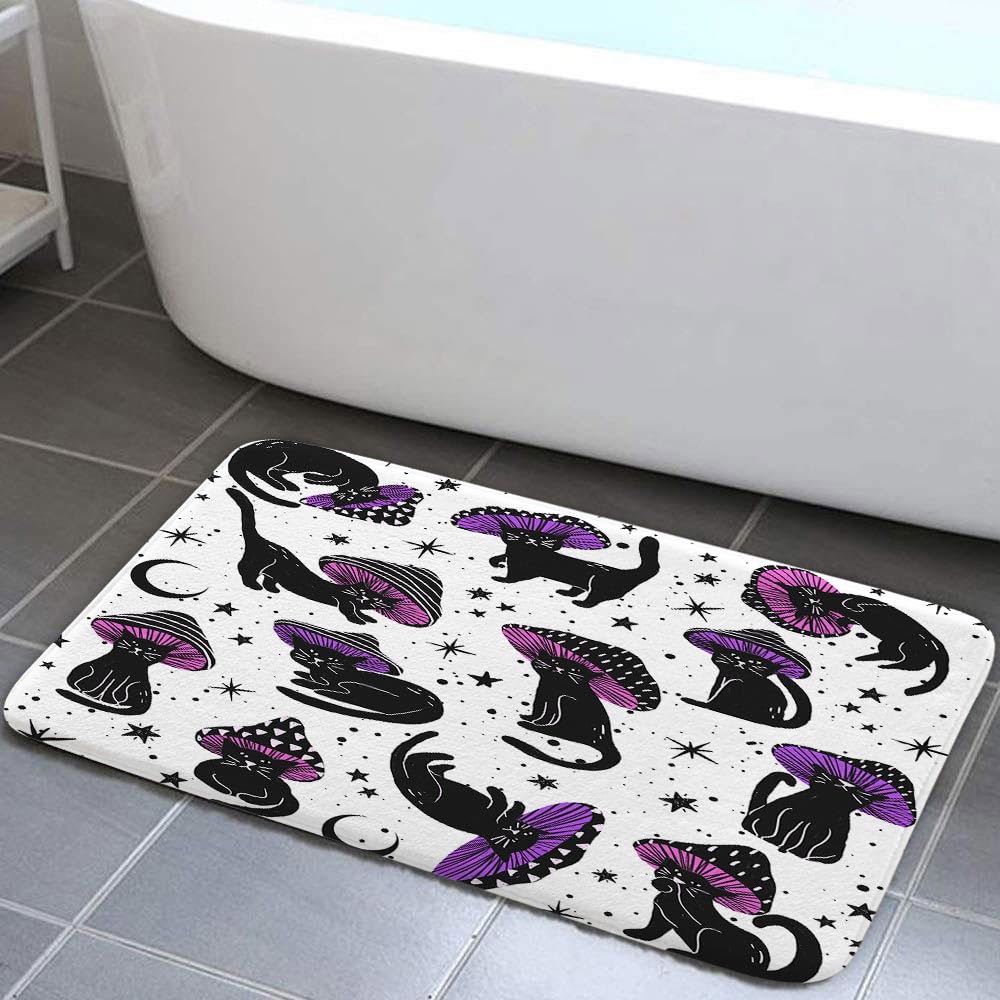 MERCHR Cute Funny Cat Mushroom Bath Mat for Bathroom, Aesthetic Unique Fun Hilarious Black Purple and White Art Floor Rugs Mats Non Slip Bathroom