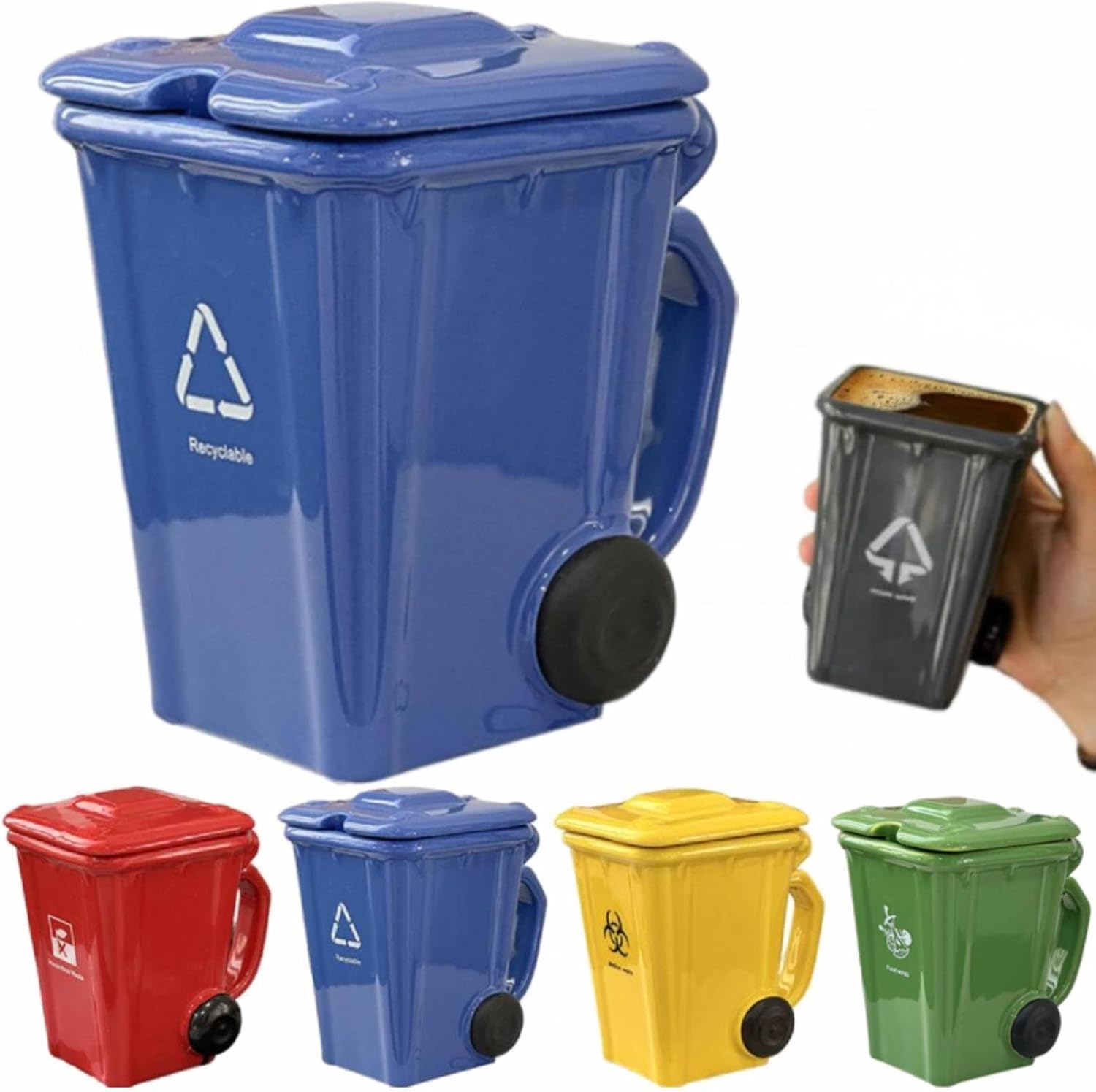 Wheelie Bin-Themed Funny Mugs, 400mL Trash Can Shaped Ceramic Coffee Cup with Complimentary Spoon, 5 Colors, Design-Led Personalised Mug - Novelty Gifts for Home & Office (Blue)