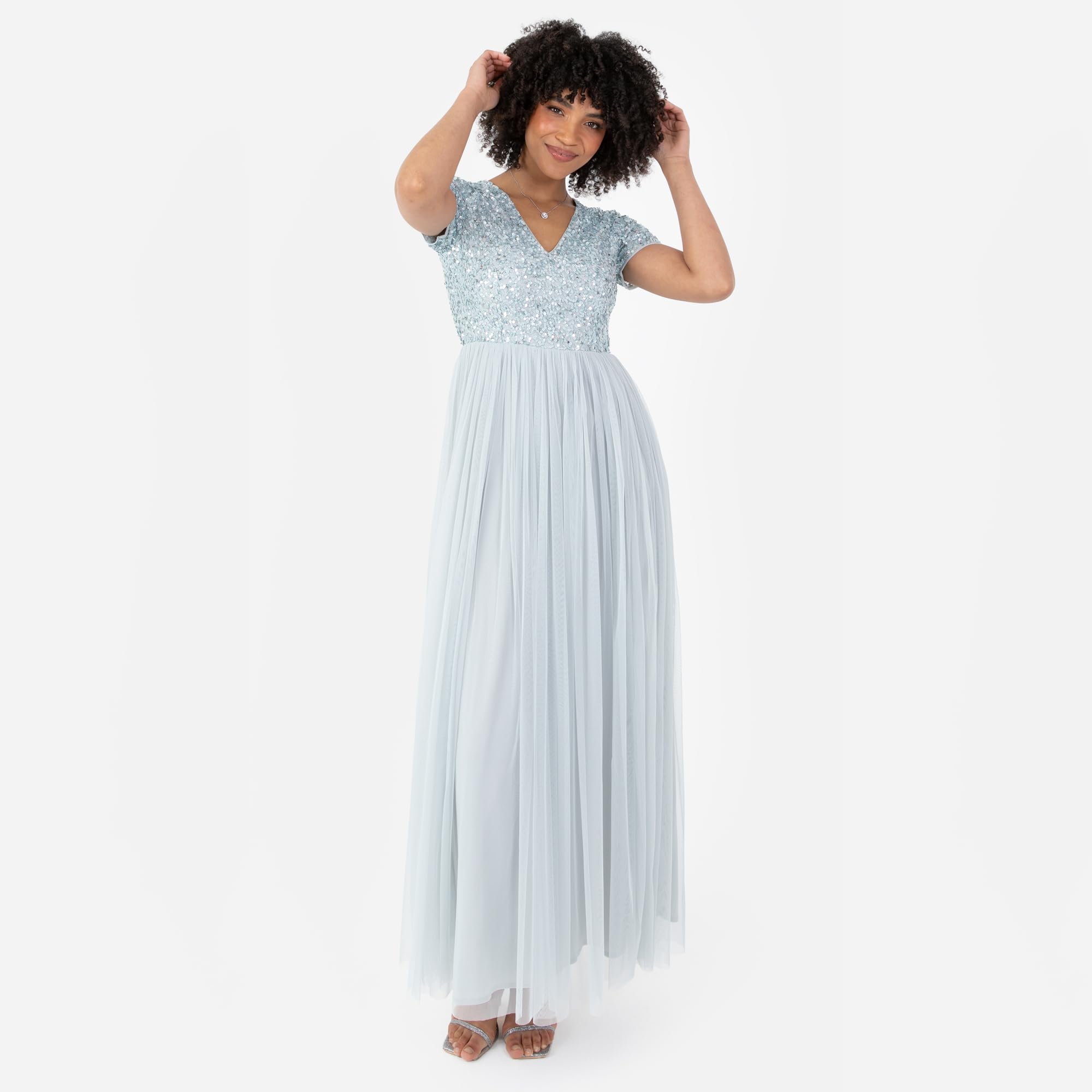 Maya Deluxe Abendkleid mit Pailletten Cocktailkleid Damen mit V-Ausschnitt Tüllkleid