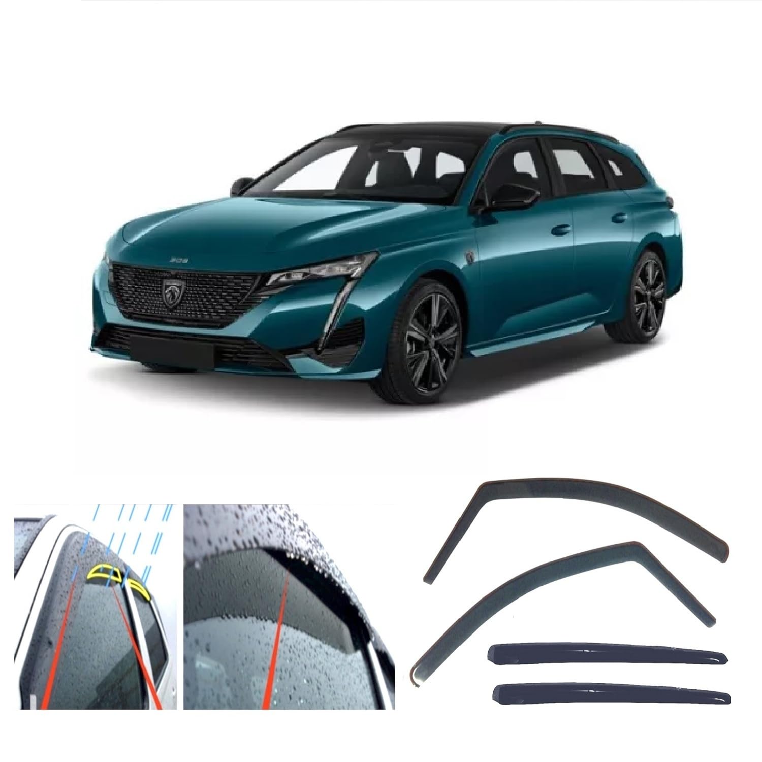 Lot De 4 Déflecteurs D'air Pour Peugeot 308 I T7 2011-2013 - Acrylique Noir, Adhésif Double Face - Protection Pluie Et Ventilation