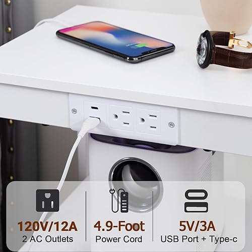 Miniatura 5 de LOAKEKEL Juego de 2 mesitas de noche blancas con estación de carga, mesas auxiliares LED con puerto USB C y tomas, mesita de noche con 2 cajones de