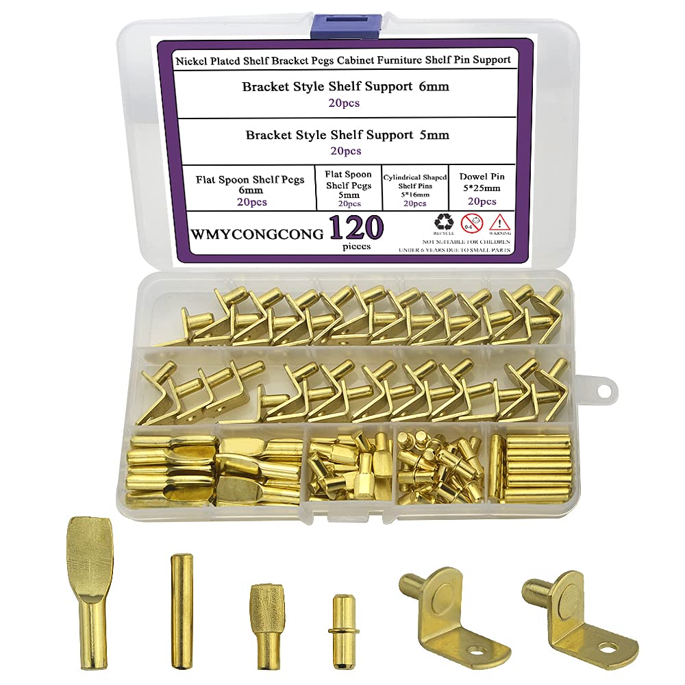WMYCONGCONG 120 Pcs 4 Styles Shelf Bracket Pins Assortment Kit, Shelf Pegs Metal Nickel Plated Gold Cabinet Furniture Shelf Pin Support for Wardrobe Office Wood Shelving Bookshelf Closet Kitchen