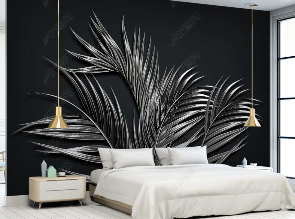 Papier peint intissé feuille d'or noir tapisserie plante tropicale poster géant mural