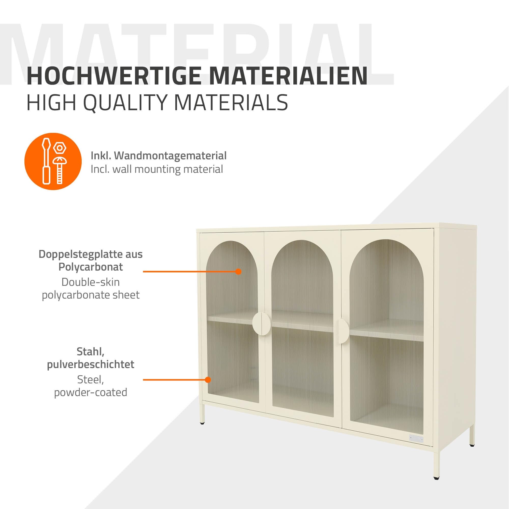 ML-Design Vitrinenschrank 120x93x40 cm aus Stahl, Creme, Sideboard mit 4 Ablage-/Regalfächer & 3 Türen, Metall Kommode mit verstellbaren Füßen, Vitrine, Highboard, Aufbewahrungsschrank für Wohnzimmer