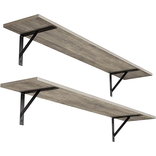 DINZI LVJ Long Wall Shelves, 39.4Inch Wall Mounted Shelves Set of 2, Easy-to-Install, Wall Storage Ledges with Sturdy Metal Brackets for Living Room, Bathroom, Bedroom, Kitchen, Grey Wash