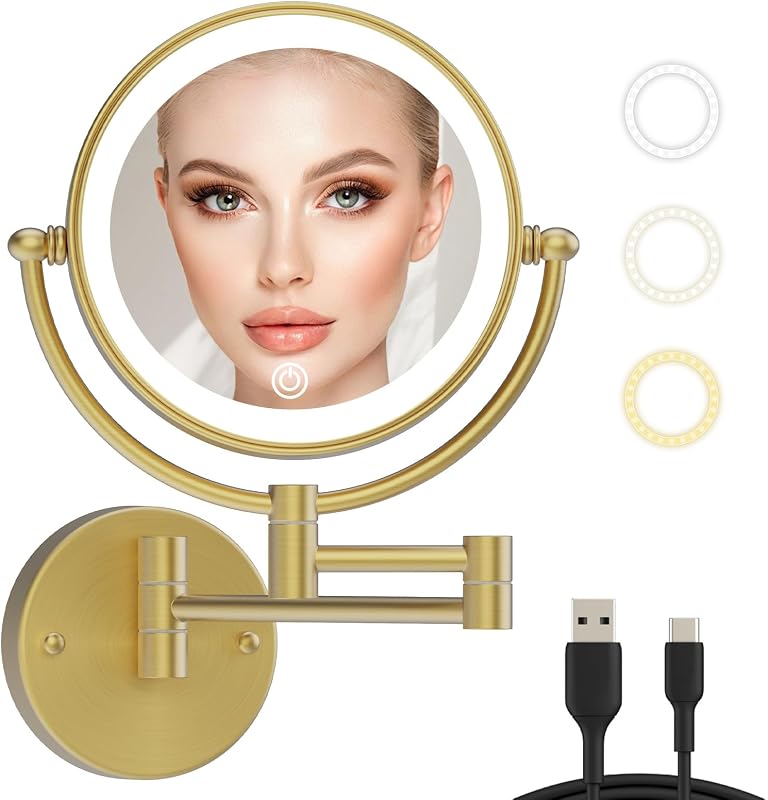Espelho de parede LEDOOLE com braço articulado, luz LED e aumento de 10X, acabamento dourado escovado