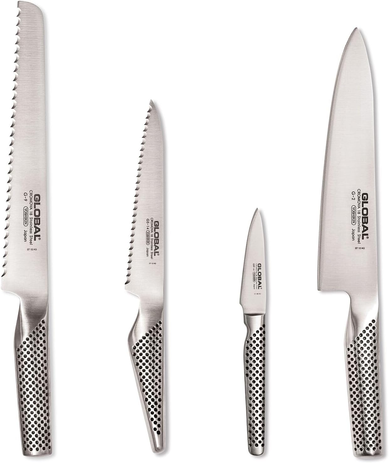 Global 4 Piece Knife Set (G-2 Chef, G-9 Bread, GS-14 - Serrated Utility, GSF-46 Forged Paring) - Lightweight Japanese Stainless Steel, Razor-Sharp Edge, Made in Japan, G-291446 - Image 1 of 4