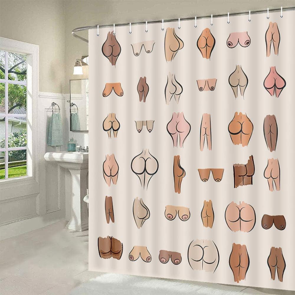 Funny Butt Shower Curtain, Fun Butt Sexy Hilarious Boobs Fabric Shower Curtains Set, White Restroom Art Decor Accessories Waterproof with Hooks 69x78 inch