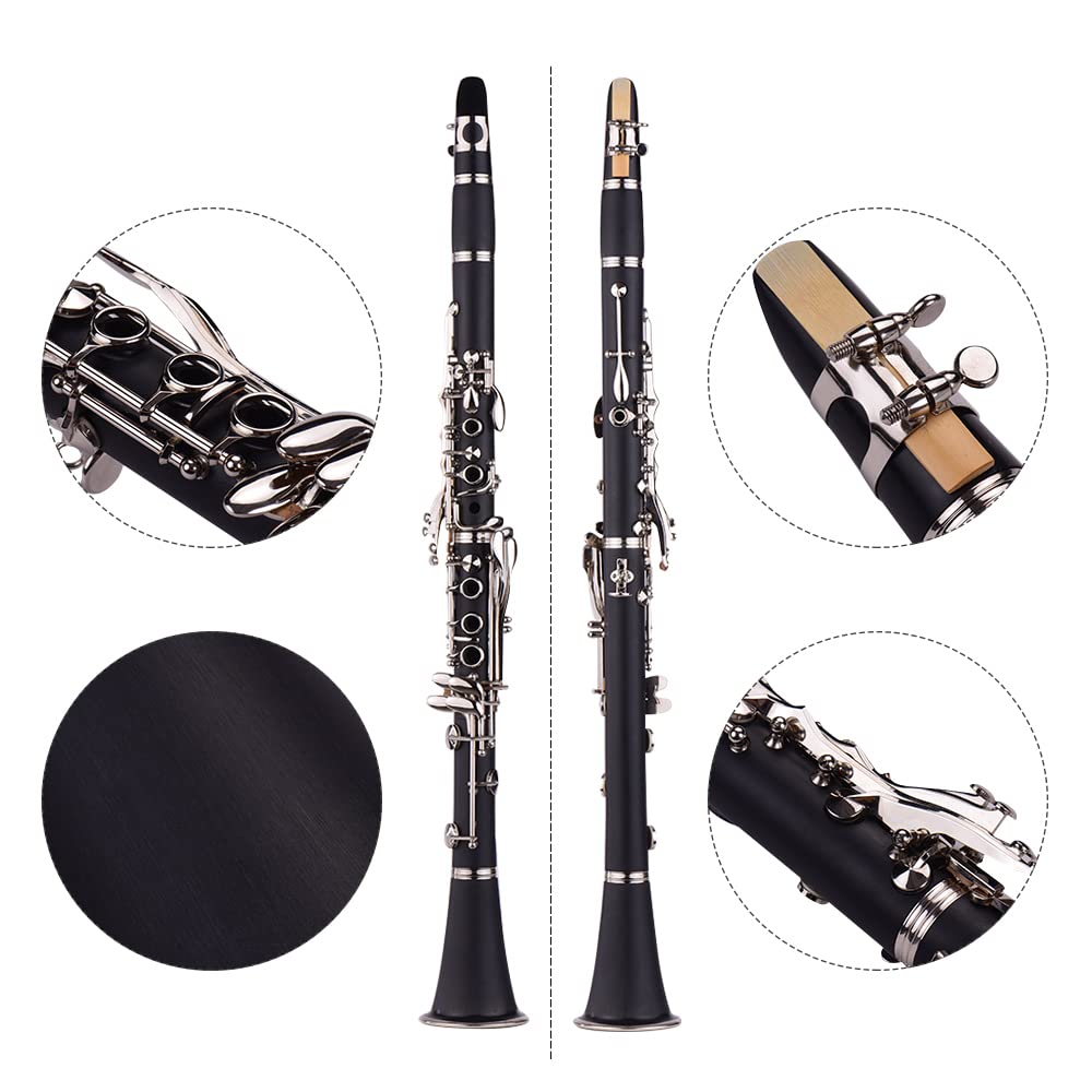 Clarinete ABS de 17 Teclas en si Bemol con Estuche de Transporte Guantes Paño de Limpieza Mini Destornillador Estuche para cañas 10 Piezas Cañas Instrumento de Viento de Madera