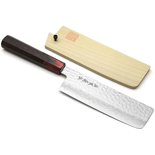 Yoshihiro VG10 46 Layers Hammered Damascus Nakiri Japanese Vegetable Knife (6.5'' (165mm) Rosewood Handle)
