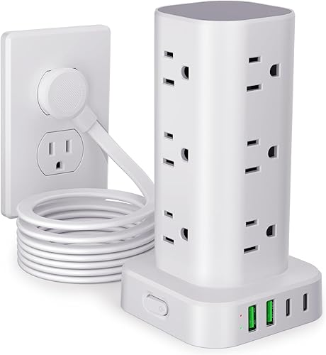 Miniatura 12 de Regleta de alimentación con cargador inalámbrico, protector de sobretensiones de enchufe plano con cable de extensión de 6 pies, 12 tomas de