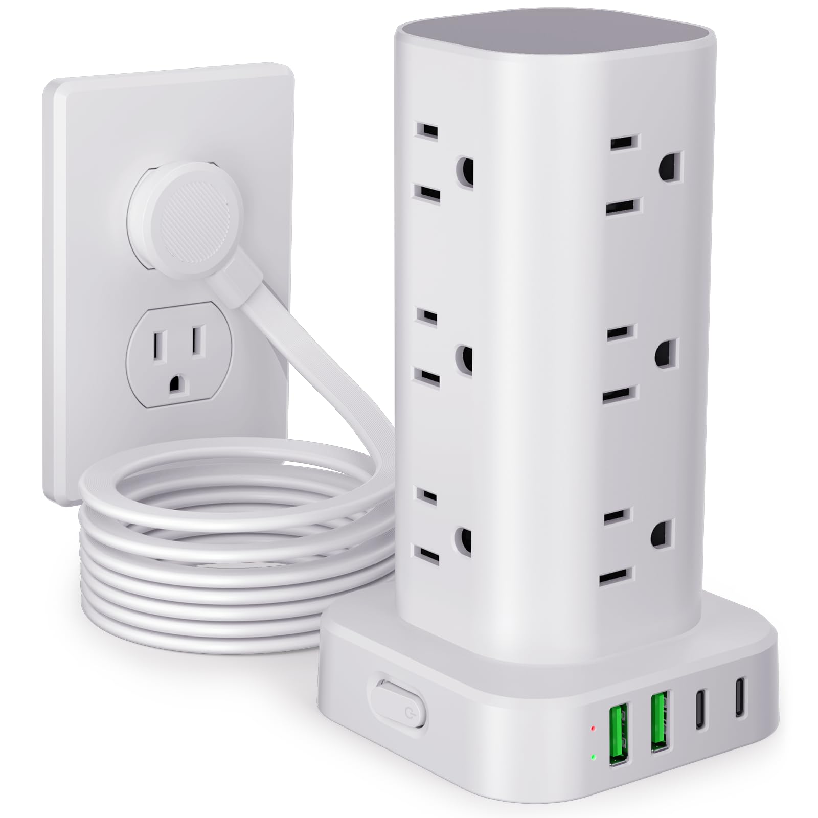 Power Strip Tower with Multiple Outlets, Flat Plug Surge Protector Tower Extension Cord with 12 AC Outlets 4 USB Ports (2 USB C), 10FT Cord Power
