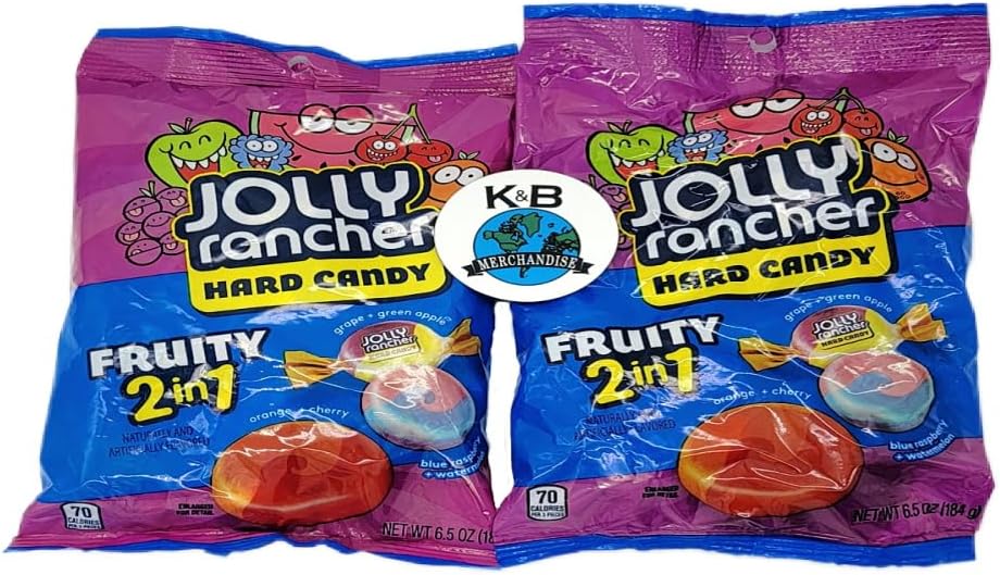Jolly Rancher Hard Candy Fruity 2 in 1 Assorted Flavors (Two Packs 13 ounces in total) - Gluten-Free and Peanut-Free Guaranteed Freshness and Quality. K&B Merchandise Magnet is bundled with each Order.