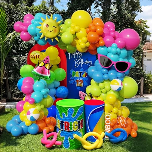 Image of 134Pcs Tropical Summer Beach Pool Party Balloon Garland Arch Kit,with Inflatable Beach Balls,Watermelon,Sun Foil Balloons for Hawaiian Luau Birthday Graduation Party Decorations - Hot Pink Yellow Blue