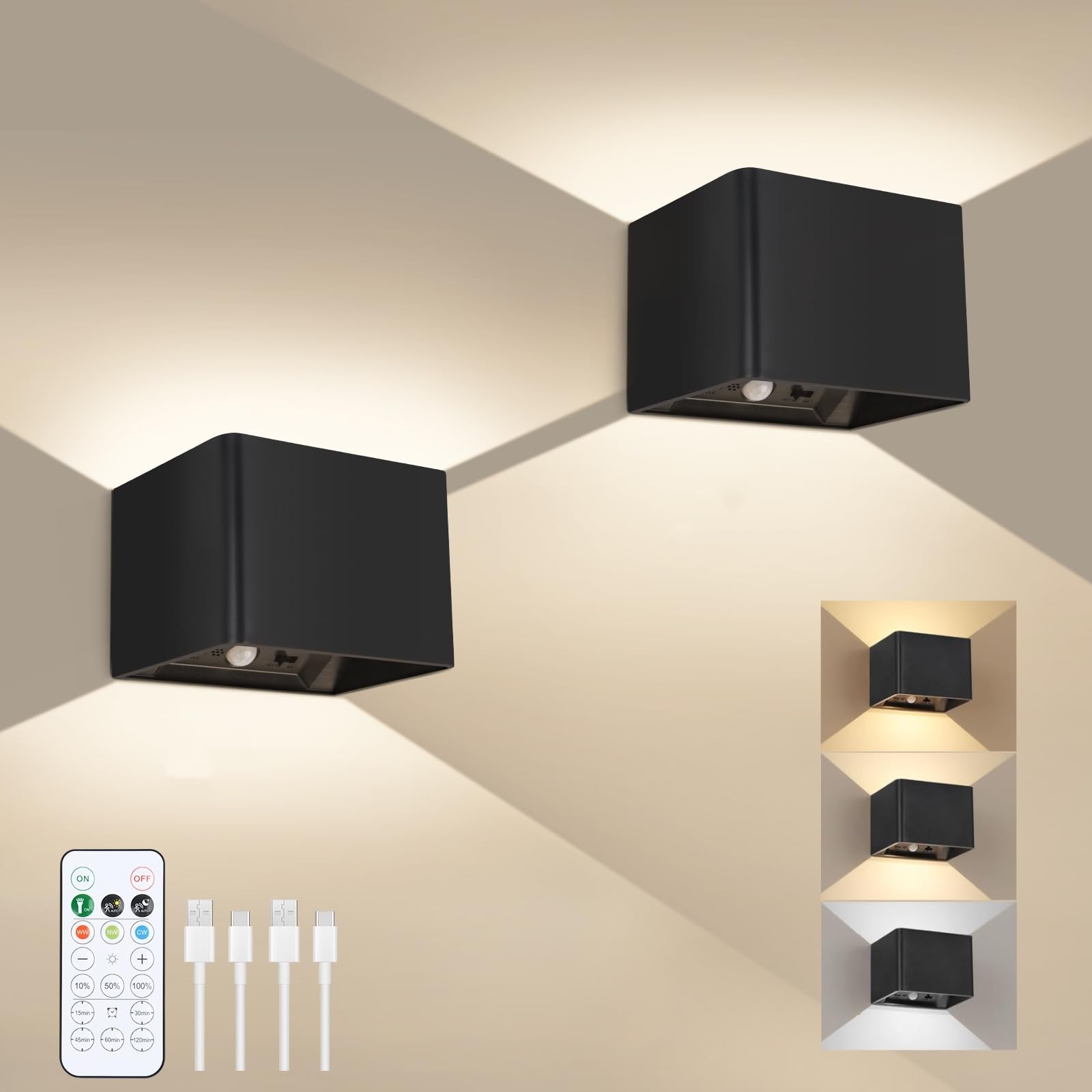 AVANLO 2 Stück Wandleuchte Innen mit Bewegungsmelder, Fernbedienung, 3 Farben, USB Aufladbar, Kabellos LED Wandlampe Akku für Wohnzimmer, Schlafzimmer, Treppe, Flur