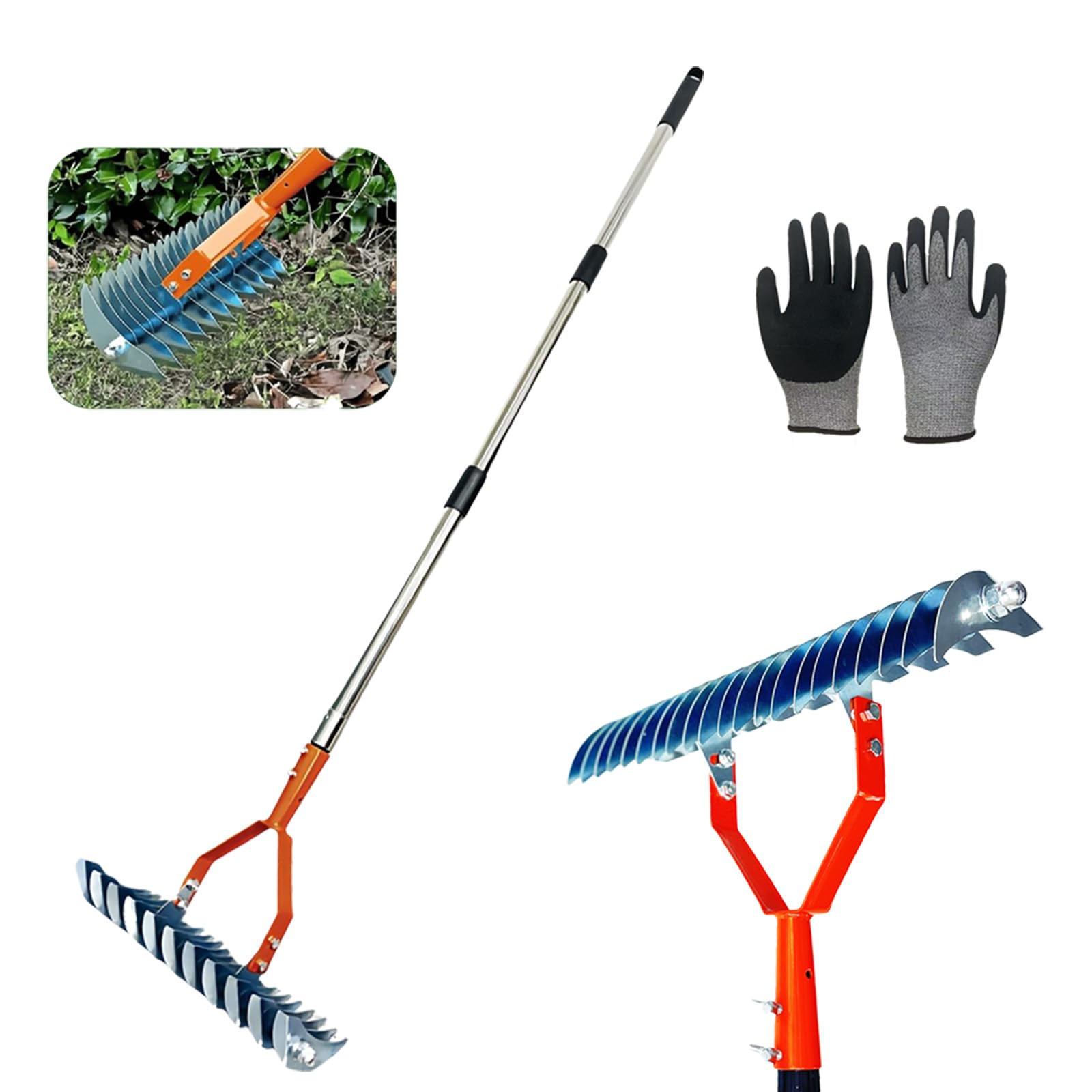 Rastrillo de jardín con Guantes, nivelador de Hojas de Acero Inoxidable de Doble Cara, Mango Ajustable de 135 cm, Resistente para césped, Tierra y Grava, Ideal para parterres y huertos.