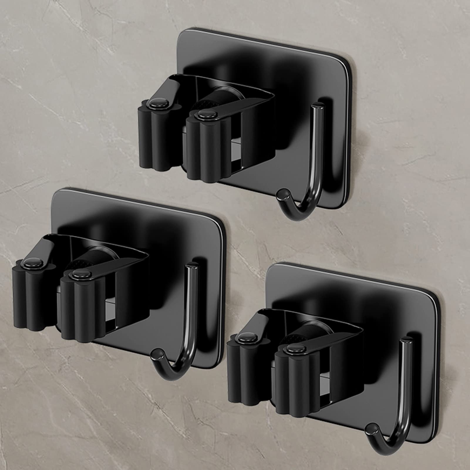 Supporto for mocio Autoadesivo, Appendiabiti for Montaggio a Parete con Ganci, Antiscivolo for impieghi gravosi, for Lavanderia, ripostiglio for Garage, Bagno (Color : Black, Size : 3 Pieces)