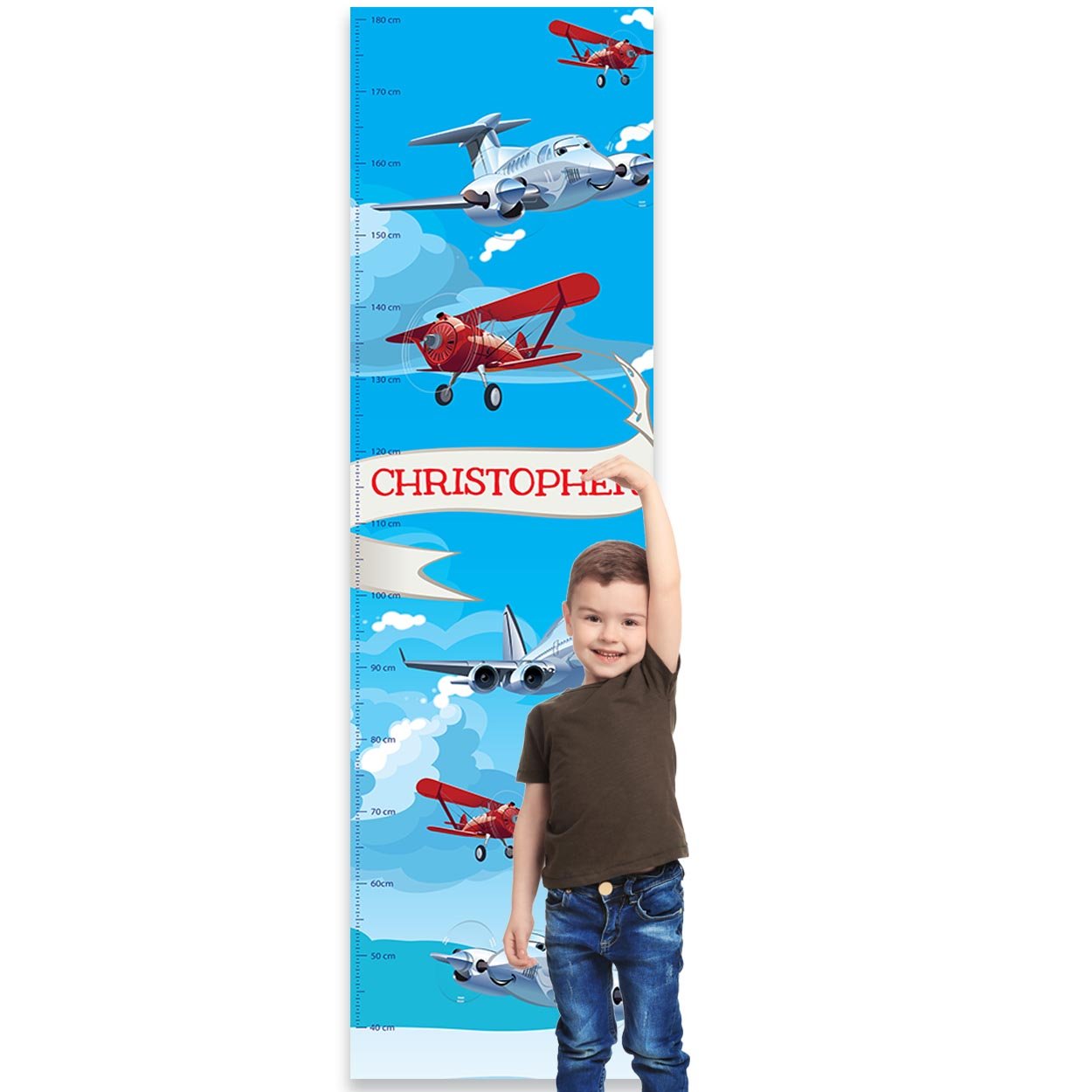 Paper Themes Personalised Childrens Height Chart for Kids Nursery Wall, or Bedroom - Blue Aeroplane — image 1