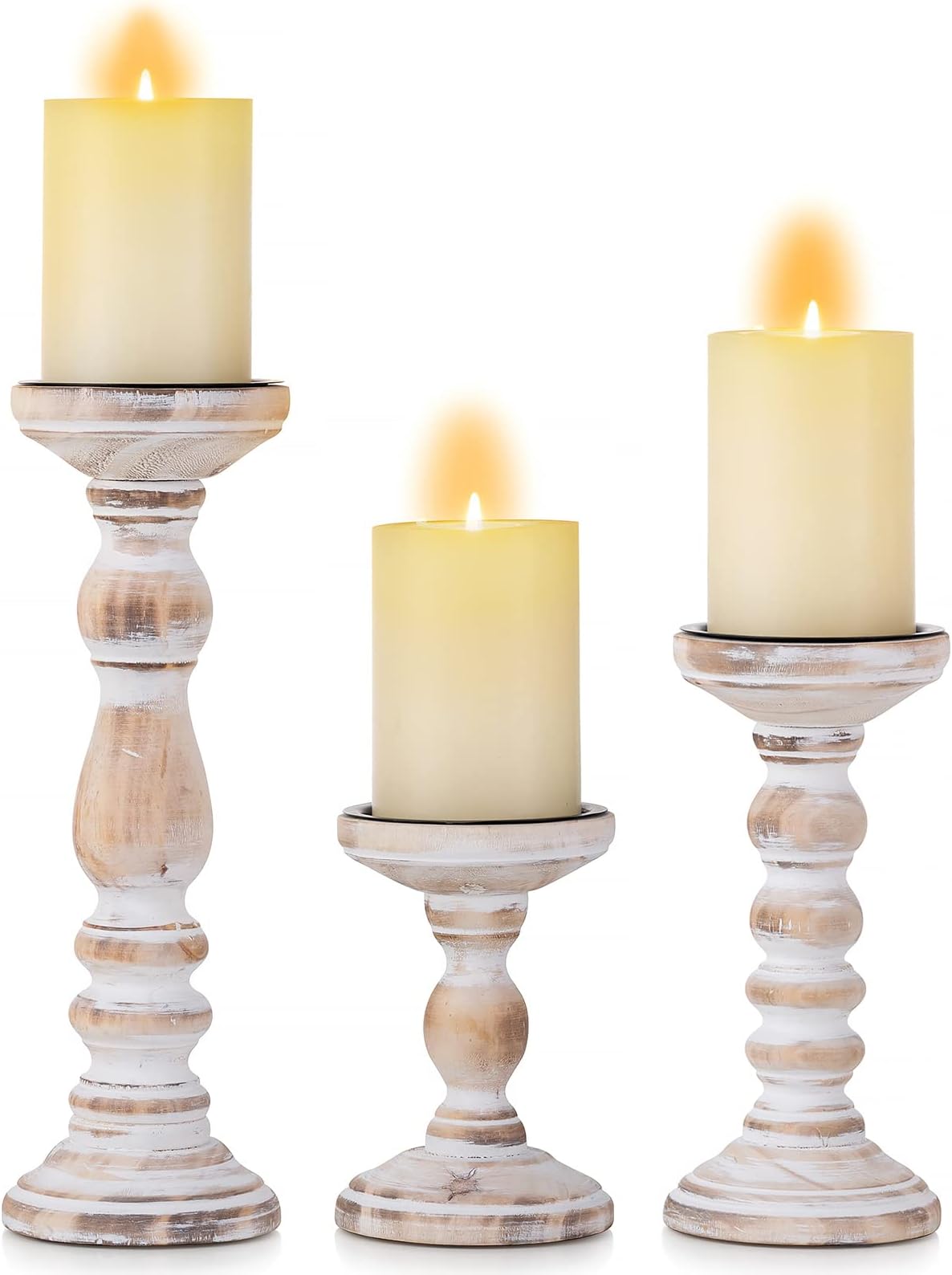 Romadedi Candle Holder for Pillar Candles: Set of 3 Decorative Wood Candlestick Holders, Rustic Wooden Candle Stand for Fireplace Mantle End Table Shelf in Farmhouse Style, Whitewashed 6”, 8.3”, 12”