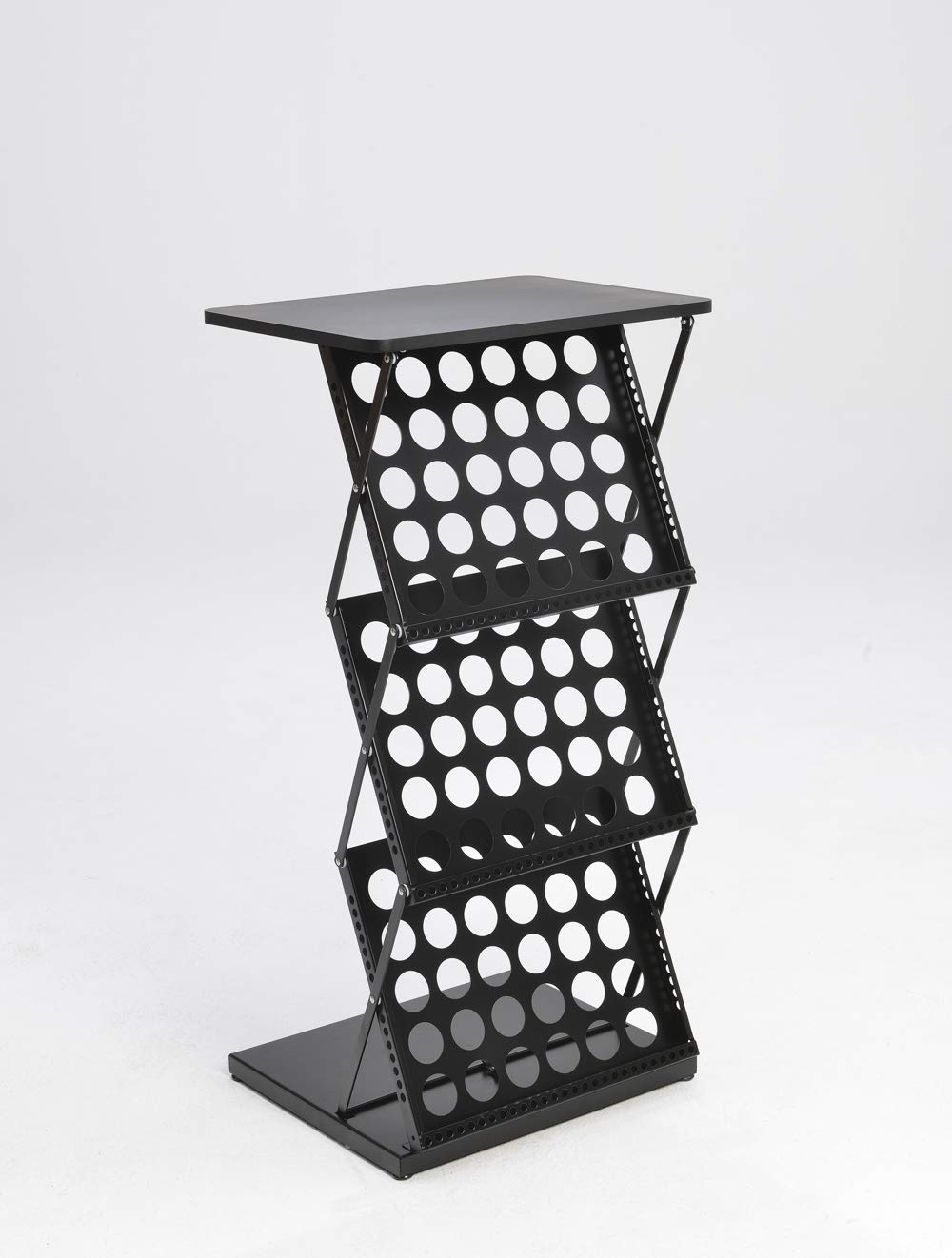 Mostrador de Pie con Expositor para Folletos Negro | Soporte Plegable de Metal con 3 Estantes para Catálogos, Flyers y Revistas | Escritorio Portátil y Atril para Ferias y Eventos