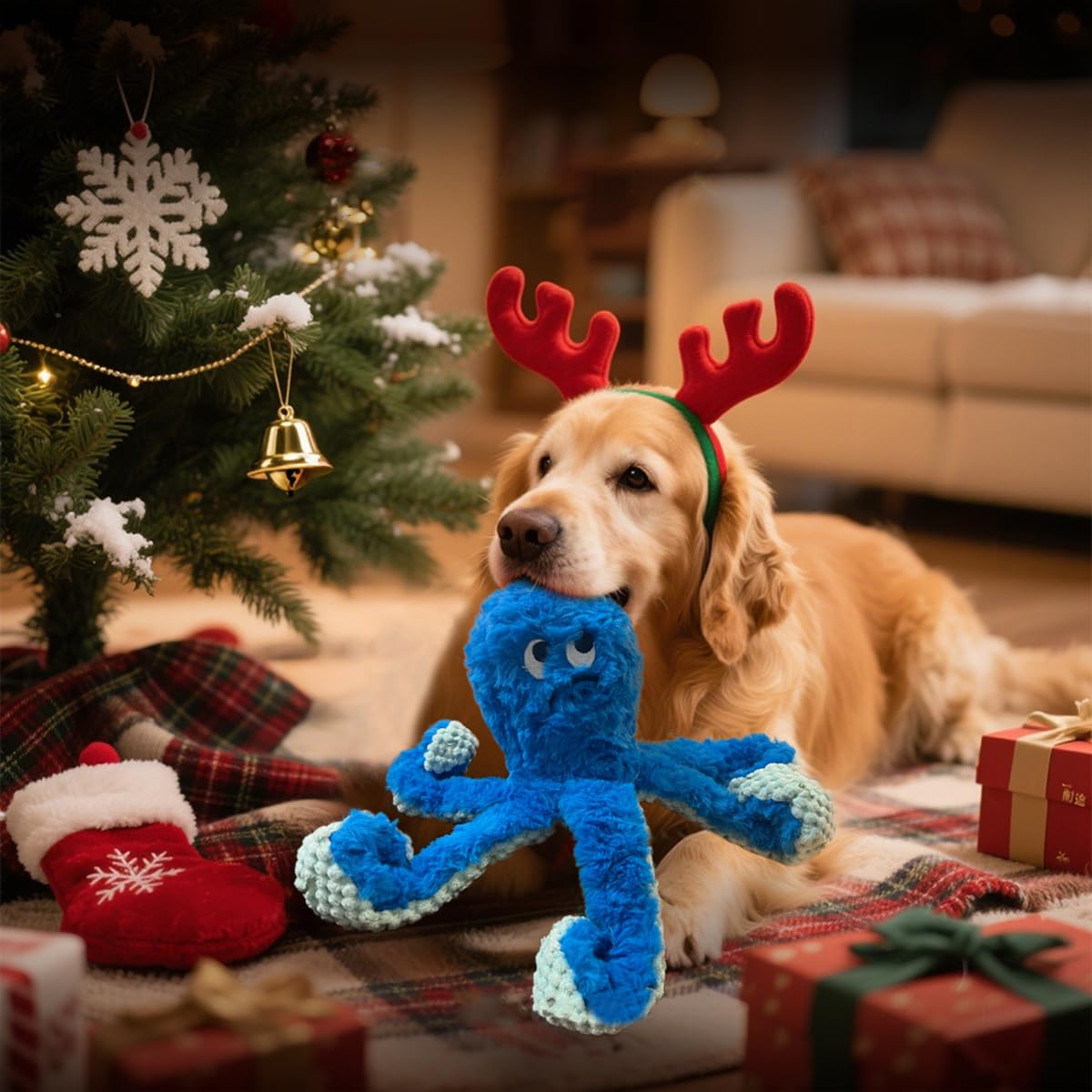 Generisch Krake Hundespielzeug mit Quietscher Snacktentakeln interaktives Plüschtier mit raschelnden Armen weicher Baumwollstoff für kleine mittelgroße Hunde 25cm