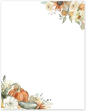 60 Sheets Fall Stationery Letterhead Paper Pumpkin Floral Letter Writing Paper for Autumn Notes Greeting Cards Invitation Office Printing, 8.5 x 11 Inch