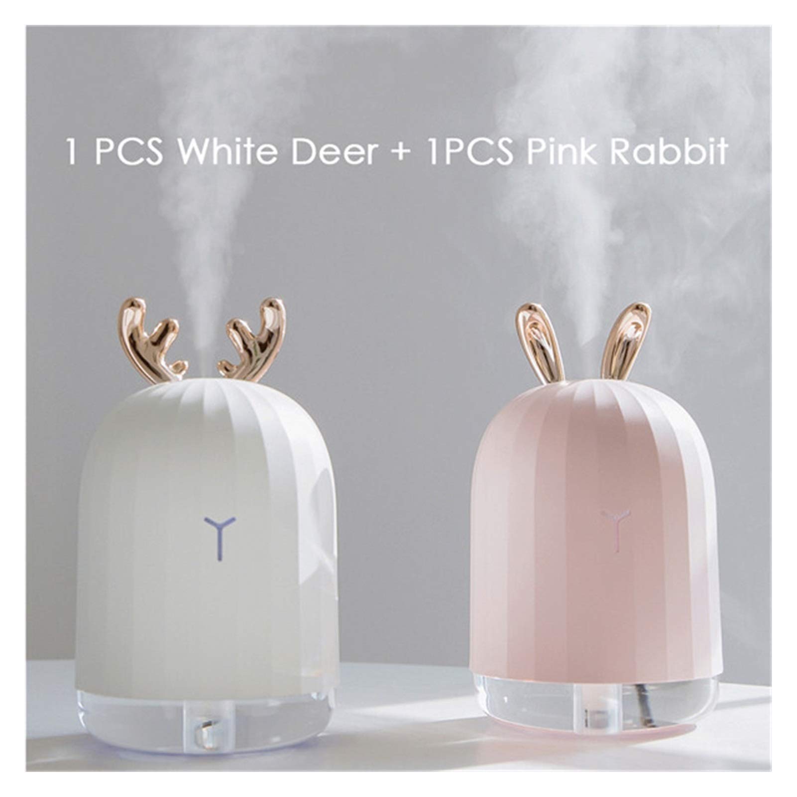 Humidificateur d'air design cerf et lapin - Pack de 2 mini diffuseurs USB blanc et rose