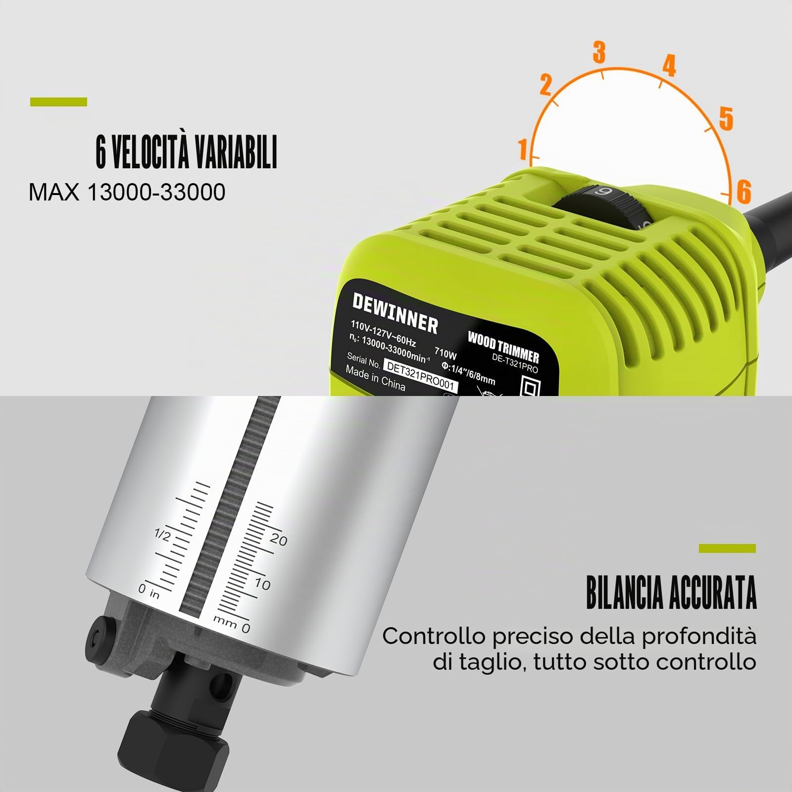 DEWINNER Router Edge Router 710 W 13000 – 33000 RPM, 6 livelli di velocità, 3 morsetti da 1/4" e 8 mm, laminatore professionale con 15 pezzi di taglierino per carburo