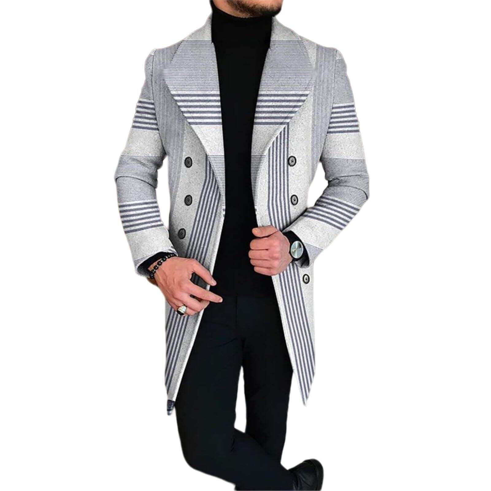 Men's Plaid Long Trench Coat Mid - Length Lapel Collar Button Down Warm Overcoat for Winter & Autumn Fashion