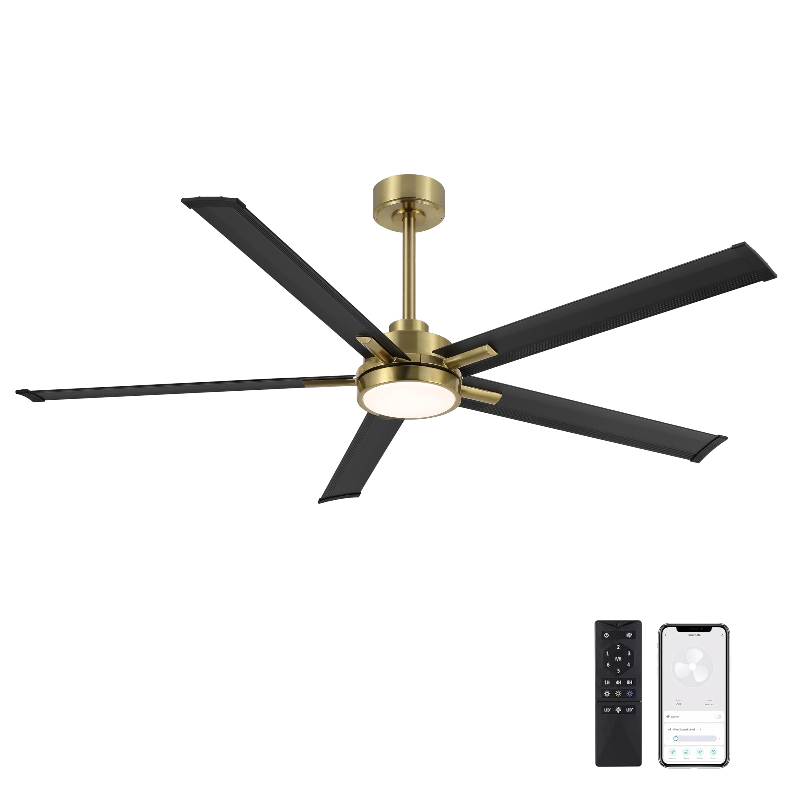 ELEHINSER 60" Smart Ceiling Fan with Light, Remote/APP Control, Dimmable LED Lights, 6-Speed DC Motor, 5 Aluminum Blades Industrial Ceiling Fans Compatible with Alexa, Google Assistant Black/Gold