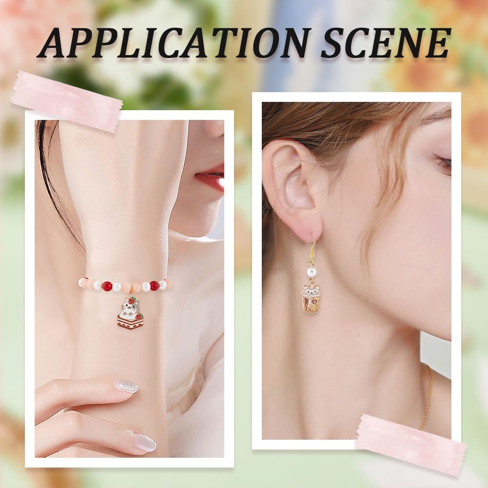 SUNNYCLUE 1 Box 32Pcs 8 Styles Enamel Cat Charm Bulk Food Charms Cute Kitty Strawberry Cake Bread Milk Tea Cup Small Animal Charm for Jewelry Making Supplies DIY Necklace Bracelet Earrings Keychains - Image 5