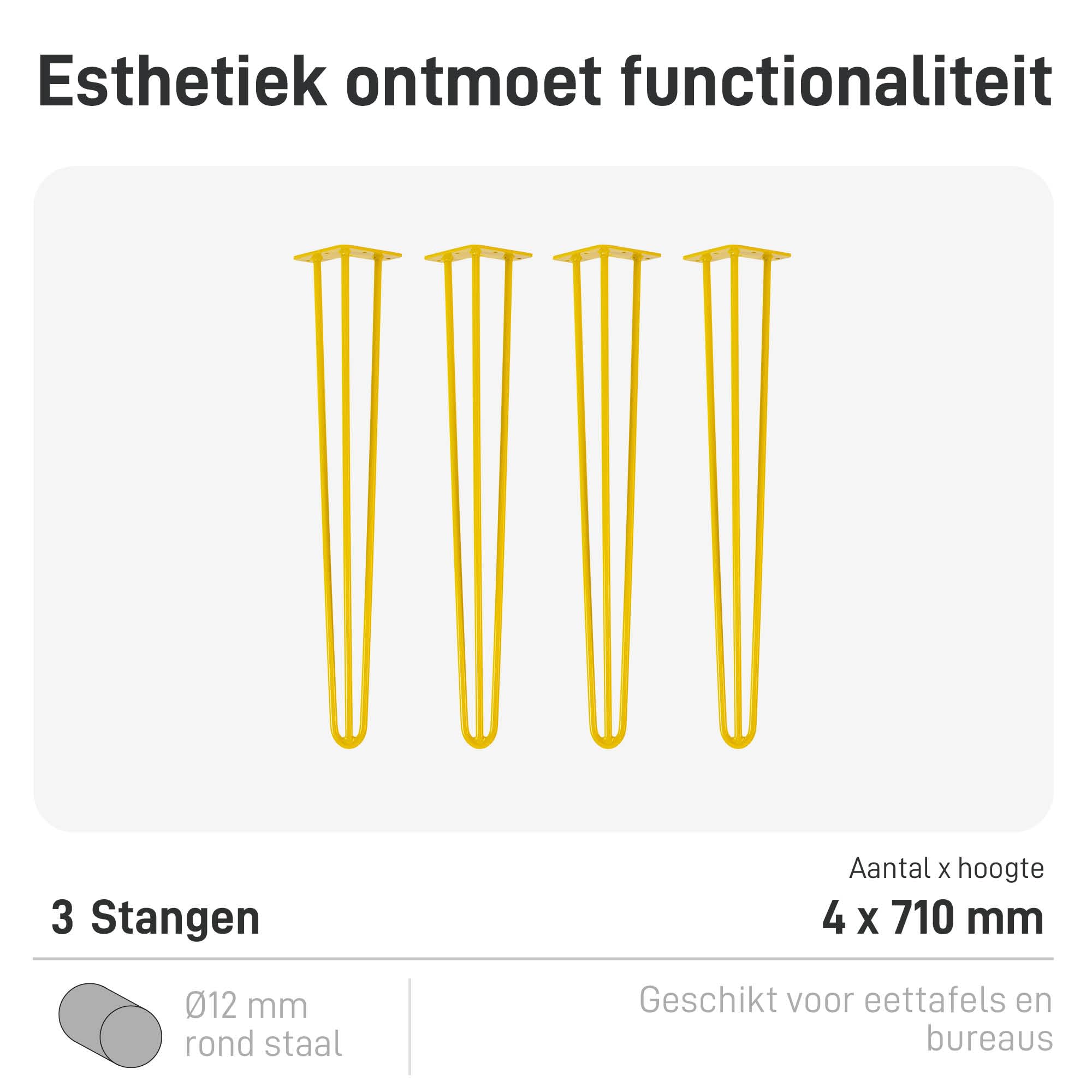 Natural Goods Berlin 4X Hairpin Leg Tafel-Poten | Diverse Kleuren & Maten | Metalen Tafel-Poten | Voor Doe-Het-Zelf Projecten zoals Eettafel & Schrijftafel | 71 cm Hoog & 3-Streben | Geel