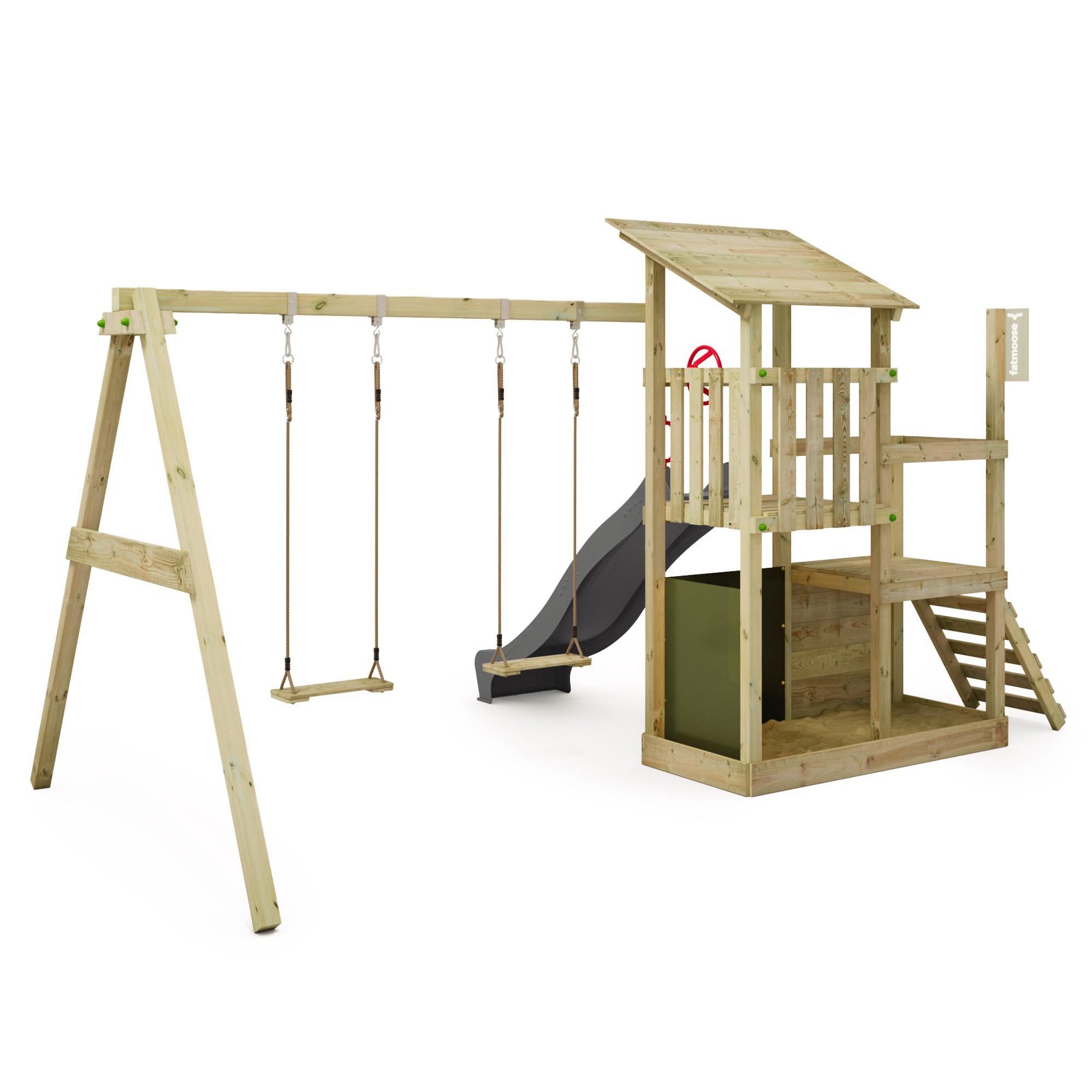 FATMOOSE Spielturm FruityForest Fun XXL Klettergerüst | Schaukel & anthraziter Rutsche, Sandkasten, Leiter & Spiel-Zubehör, Outdoor für Garten