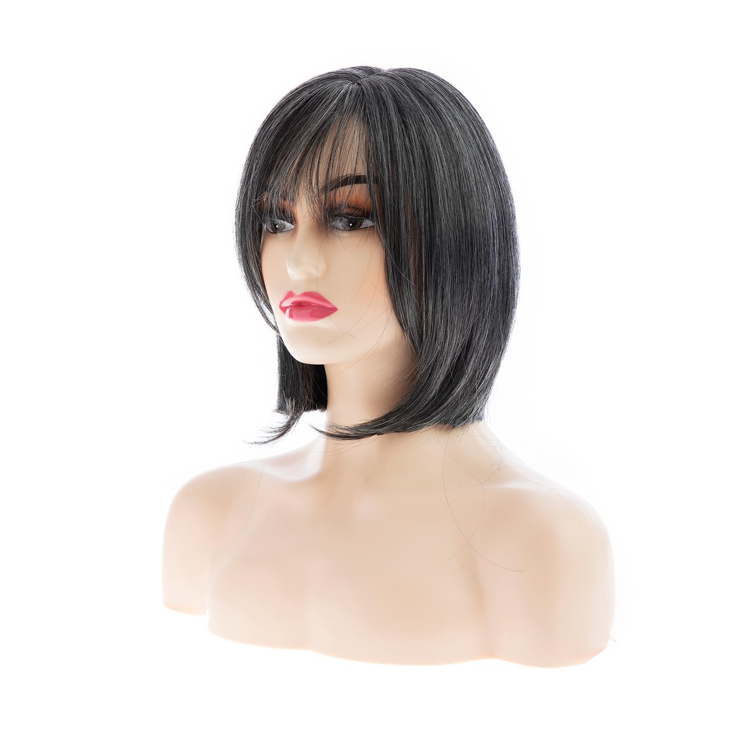 Qnbiar Grey Bob Wig for Women Short Mix Gray Natural Straight Hair with Bangs Heat Synthetic Cosplay Costume Hair Wig - Image 2