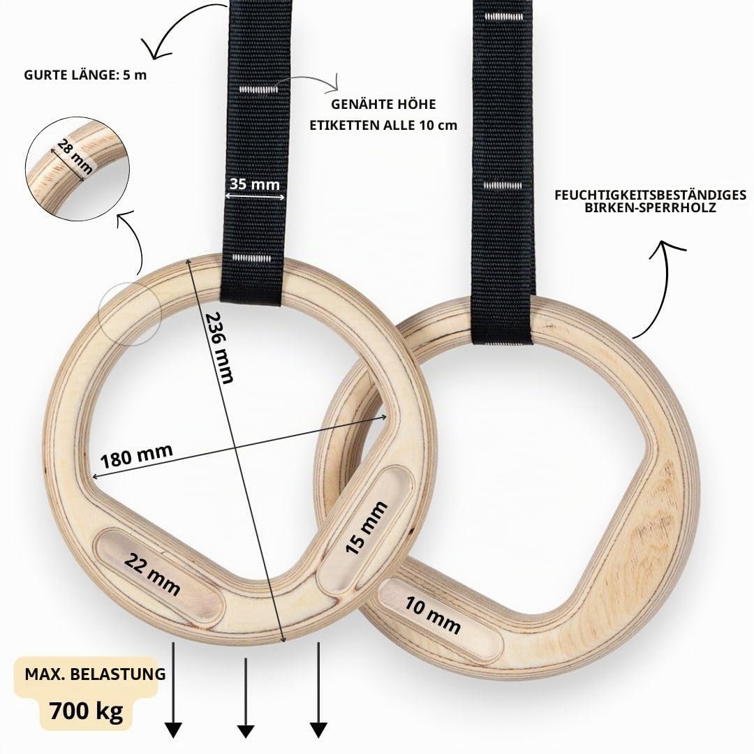 Kletter-Turnringe – Turnringe aus Holz mit Hangboard-Taschen – 28 mm Dicke Ringe mit 5 Meter verstellbaren Riemen mit eingenähten Höhenmarkierungen – hochwertiges Birkenholz